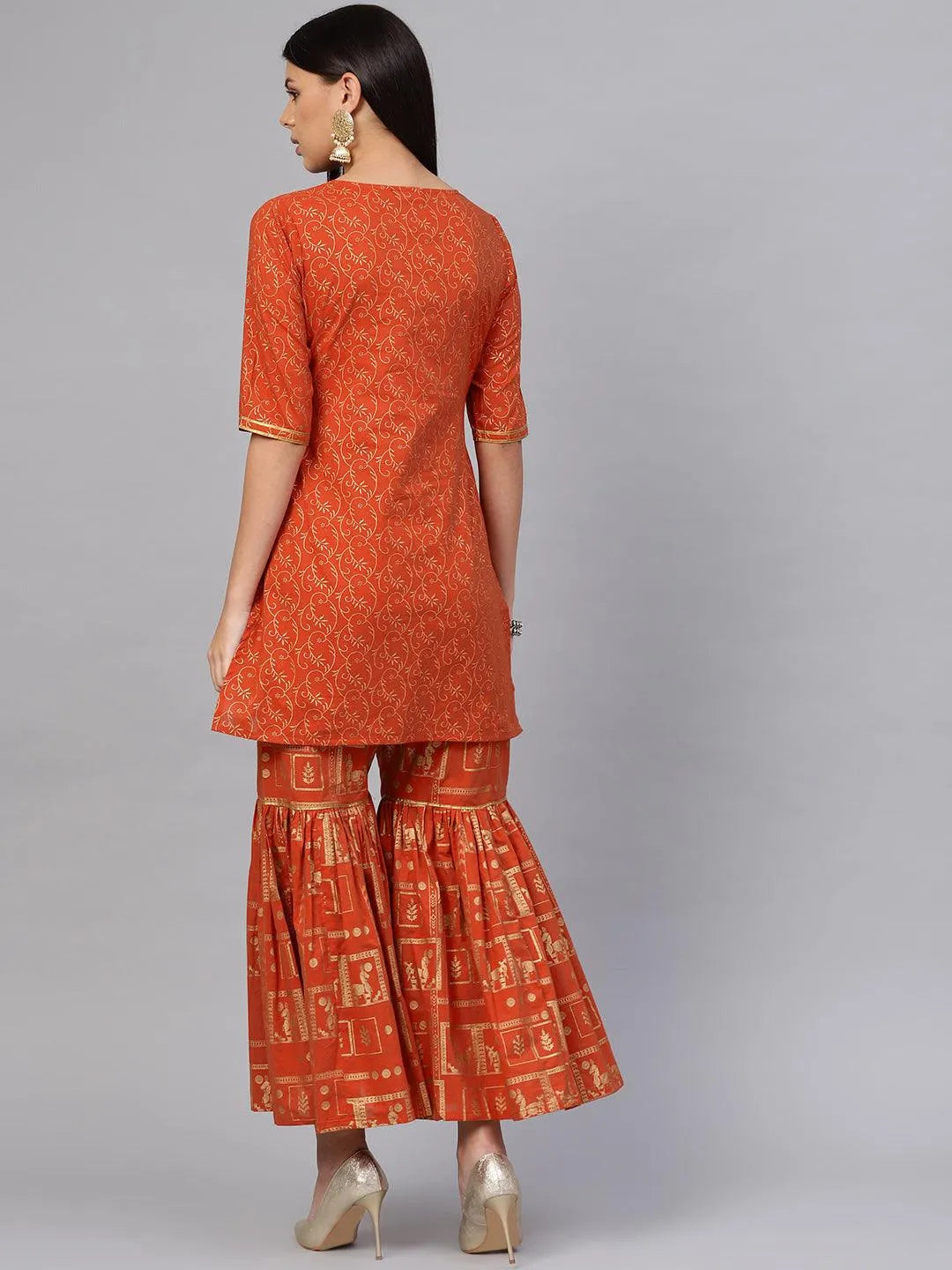 Rust Printed Cotton Kurta Set - Libas