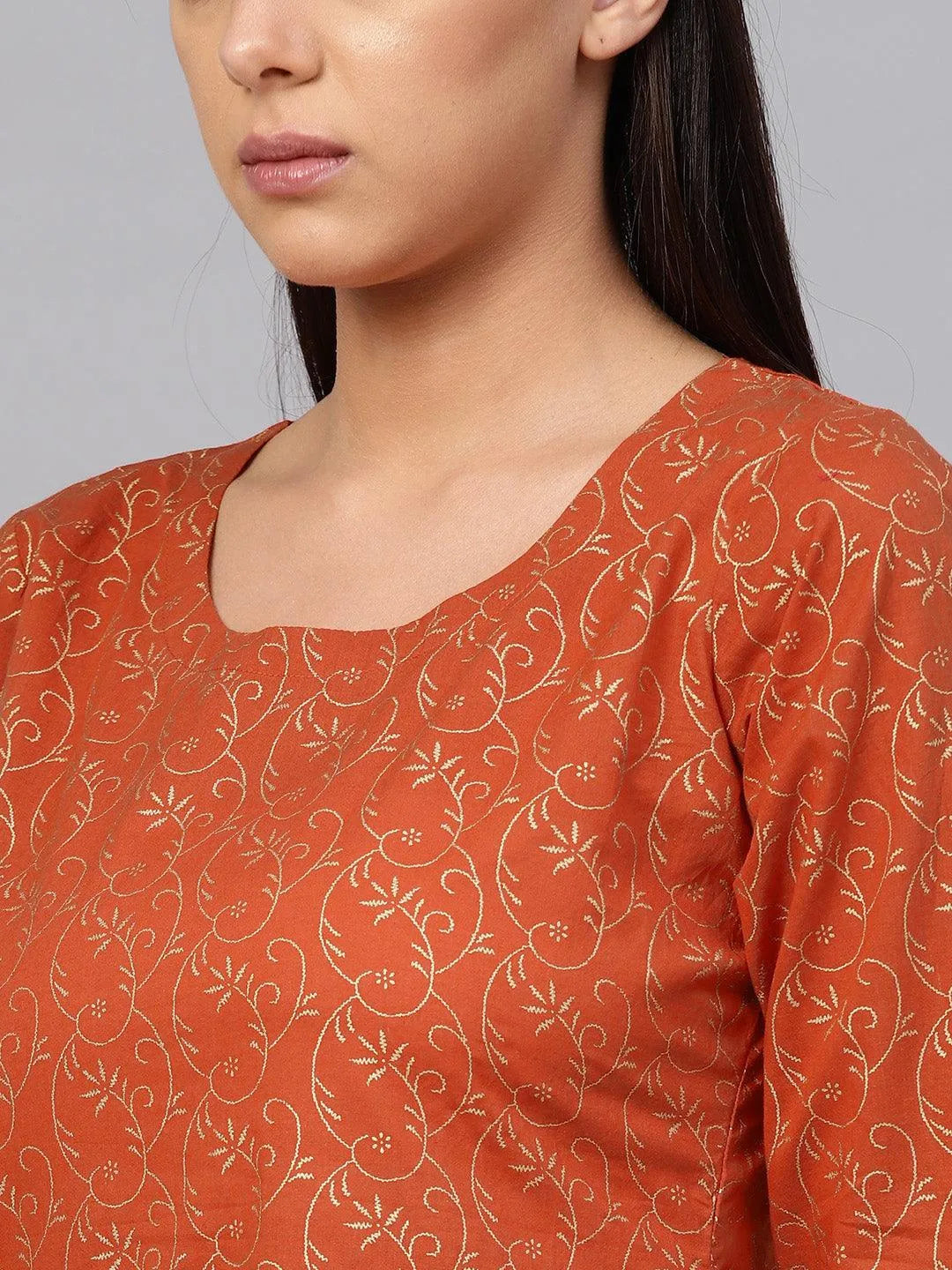 Rust Printed Cotton Kurta Set - Libas