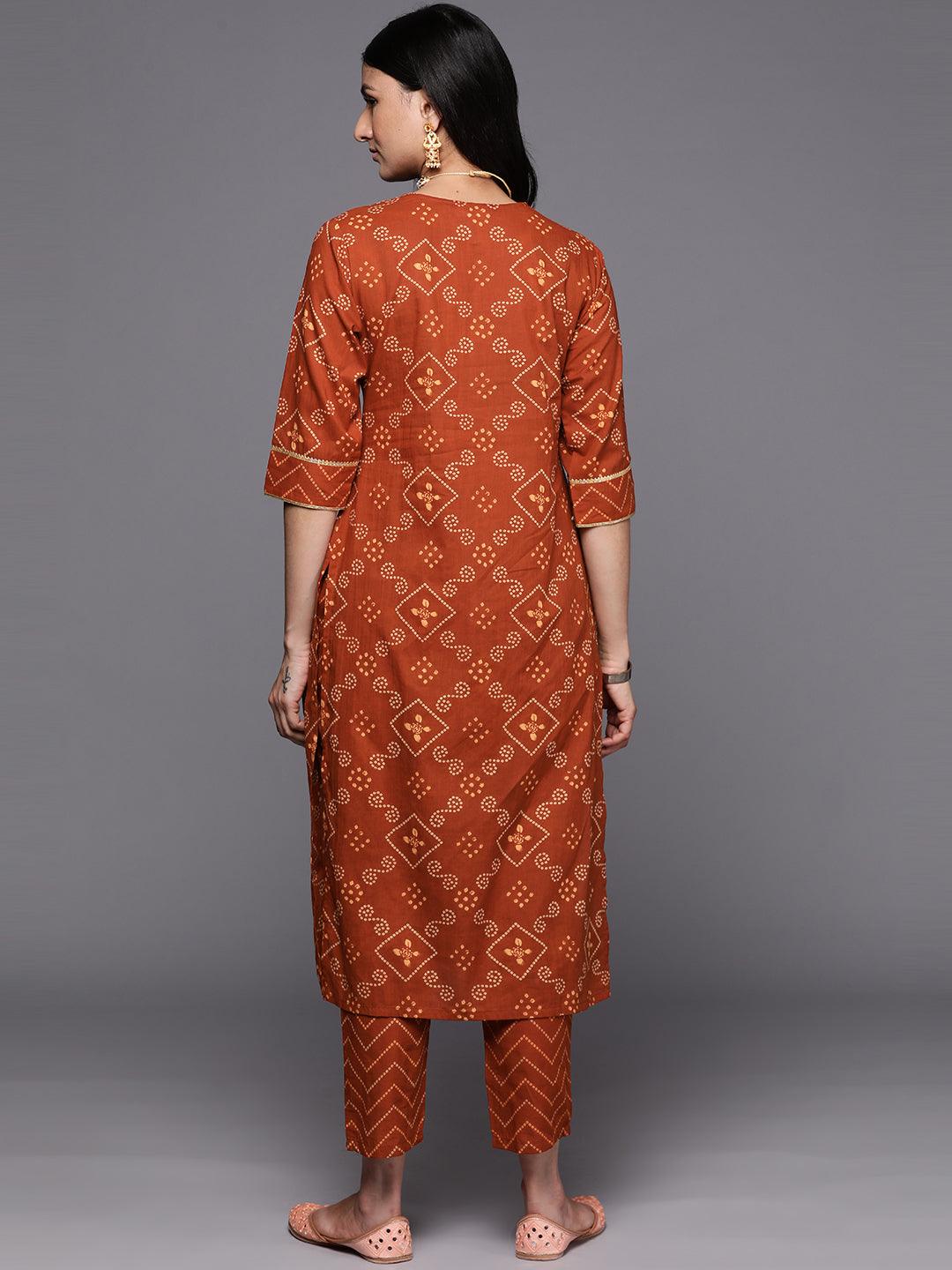 Rust Printed Cotton Straight Kurta With Trousers
