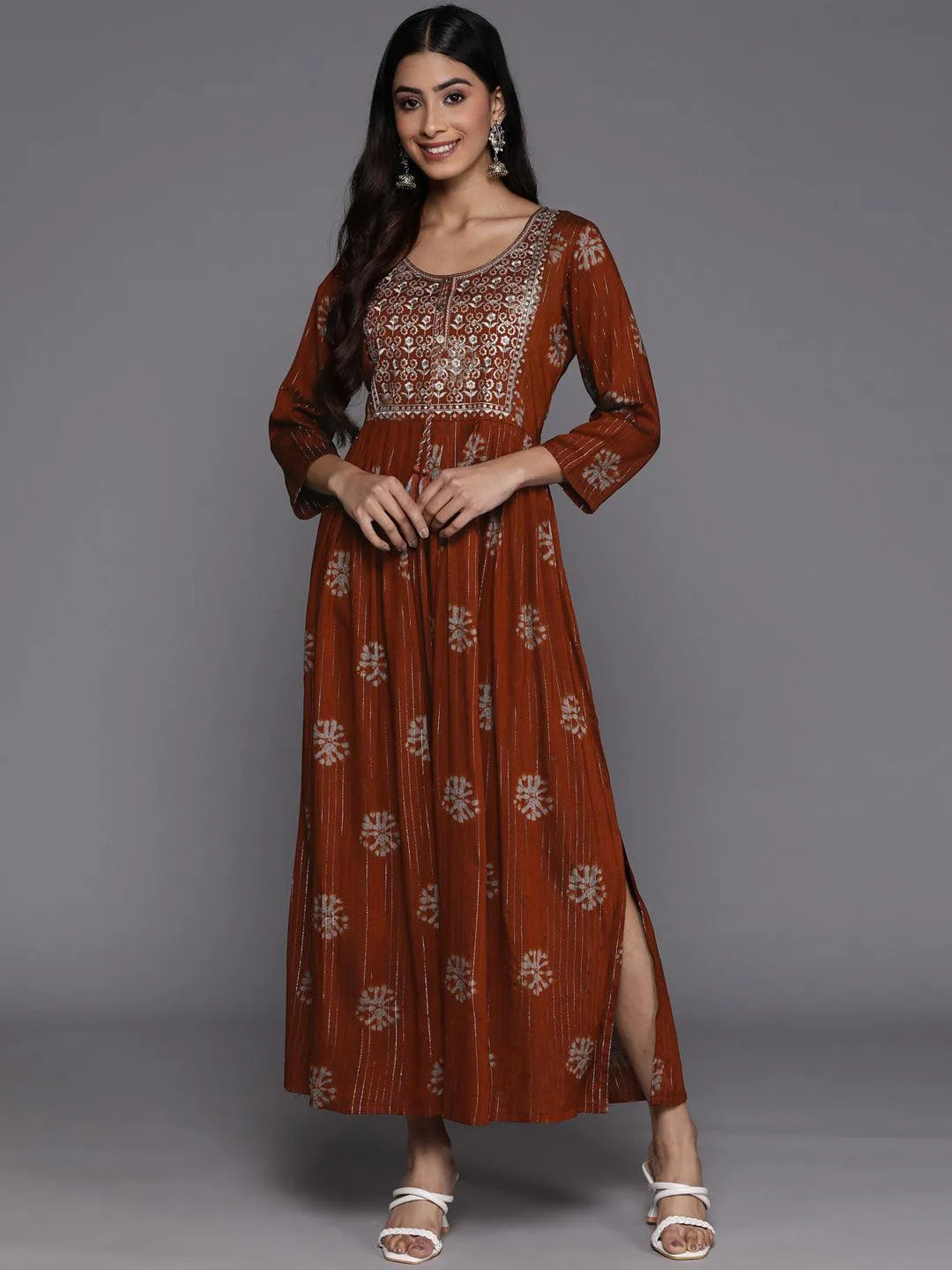 Rust Printed Fit and Flare Rayon Dress - Libas