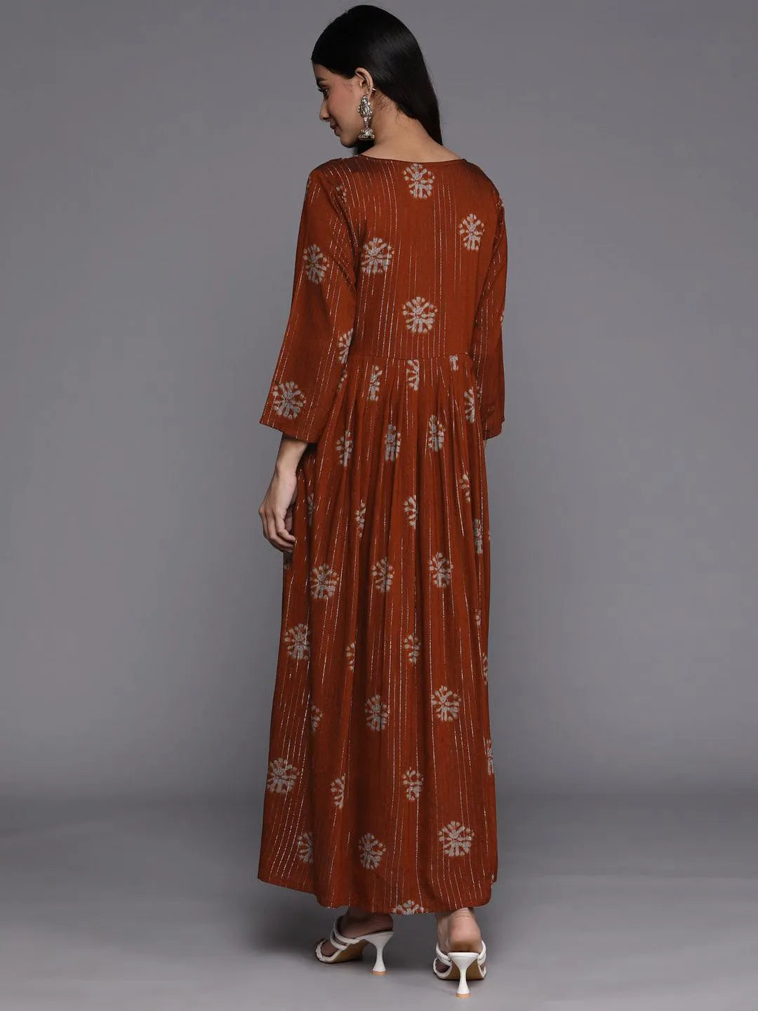 Rust Printed Fit and Flare Rayon Dress - Libas