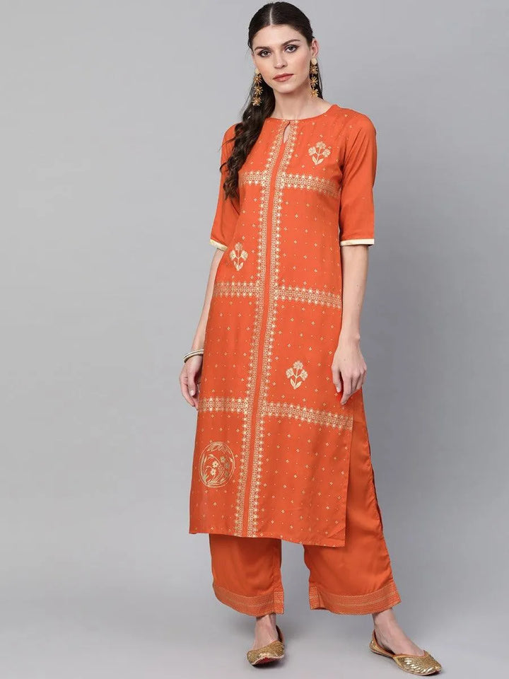 Rust Printed Rayon Kurta Set - Libas