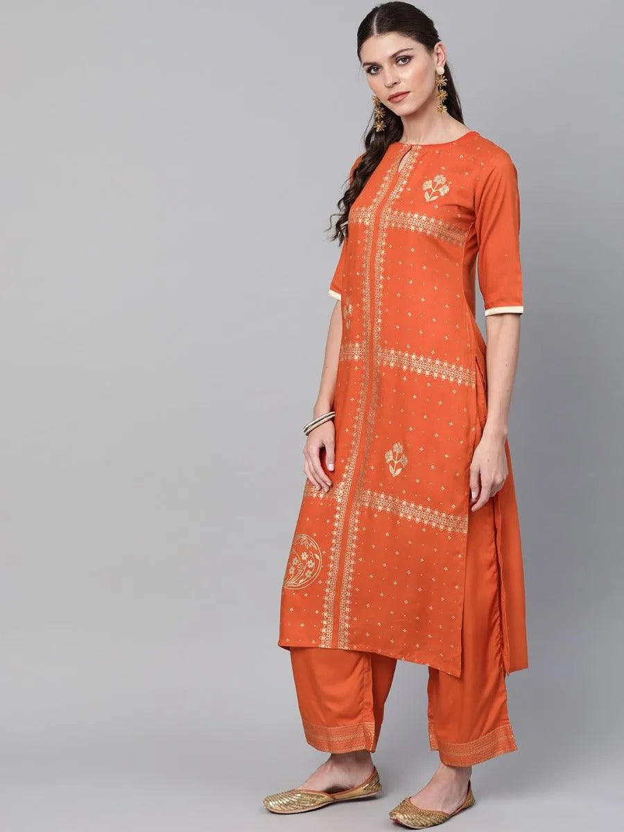 Rust Printed Rayon Kurta Set - Libas