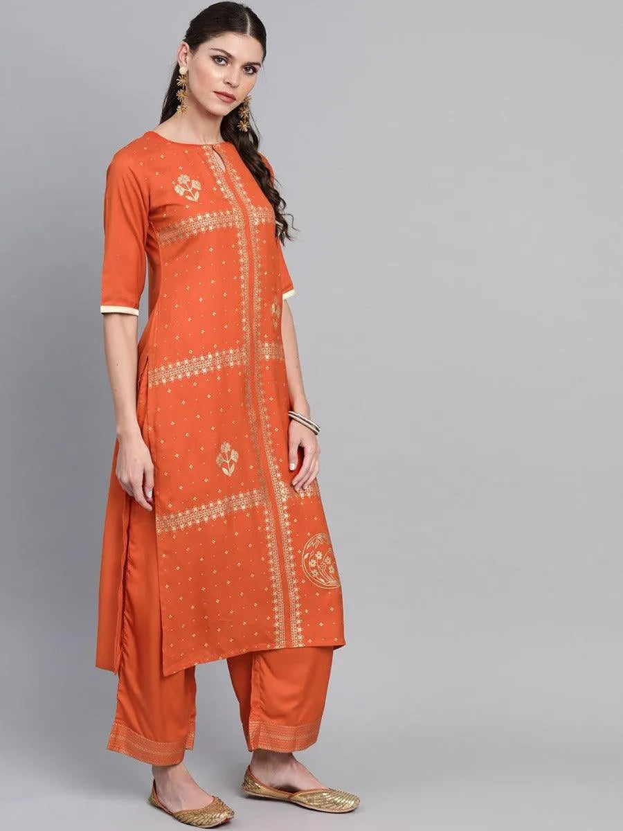 Rust Printed Rayon Kurta Set - Libas