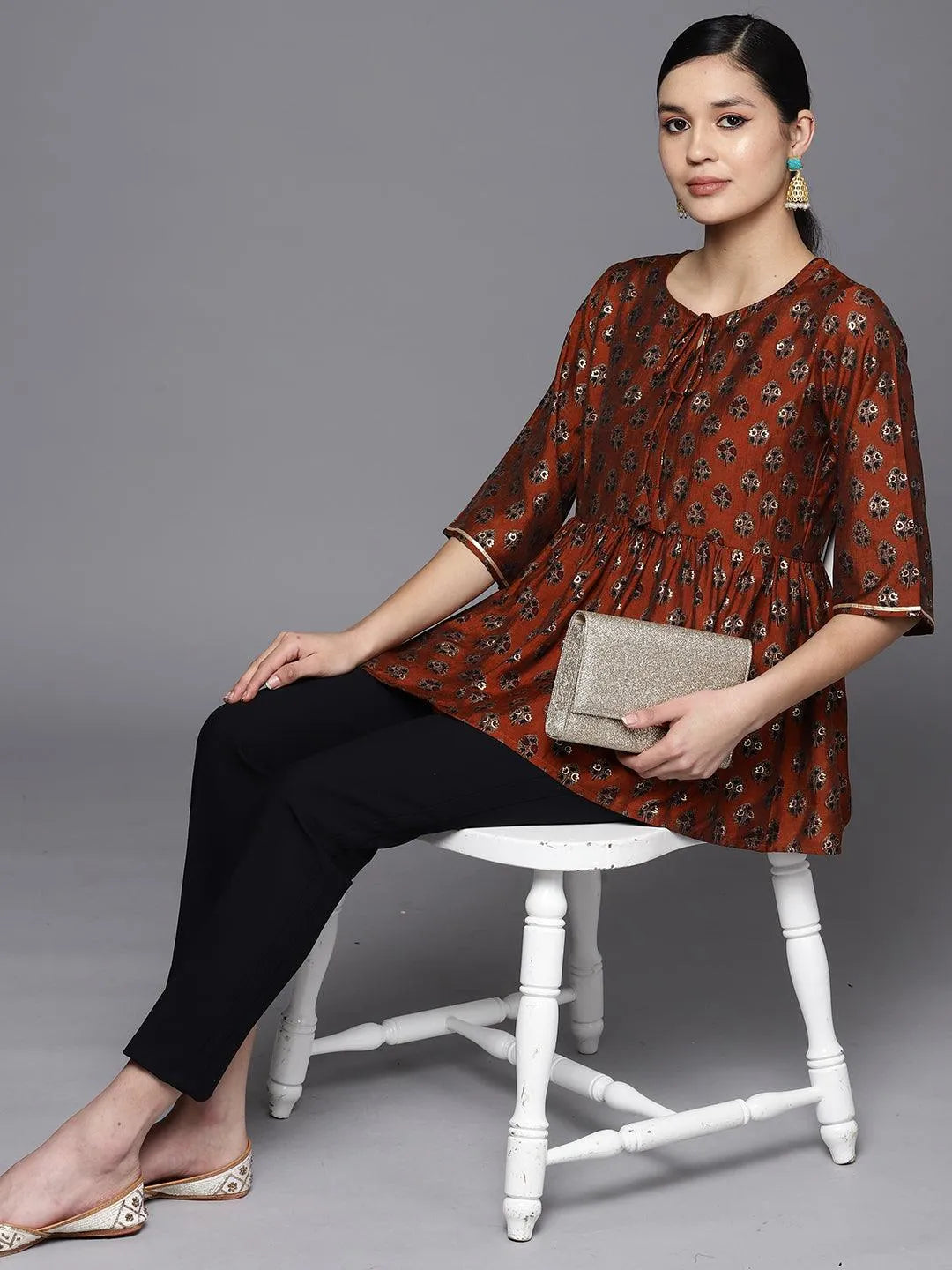 Rust Printed Silk Blend A-Line Kurti - Libas