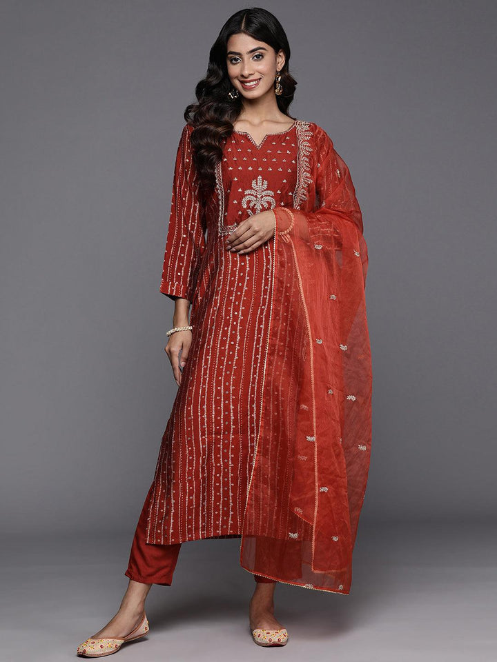 Rust Printed Silk Blend Straight Kurta With Trousers & Dupatta - Libas