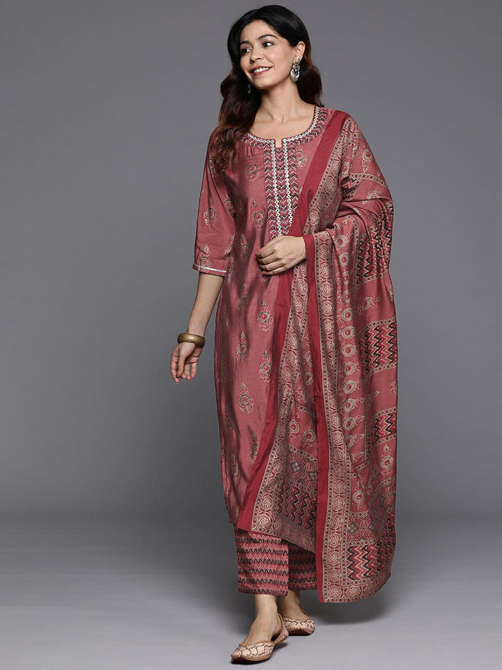 Rust Printed Silk Blend Straight Kurta With Trousers & Dupatta - Libas