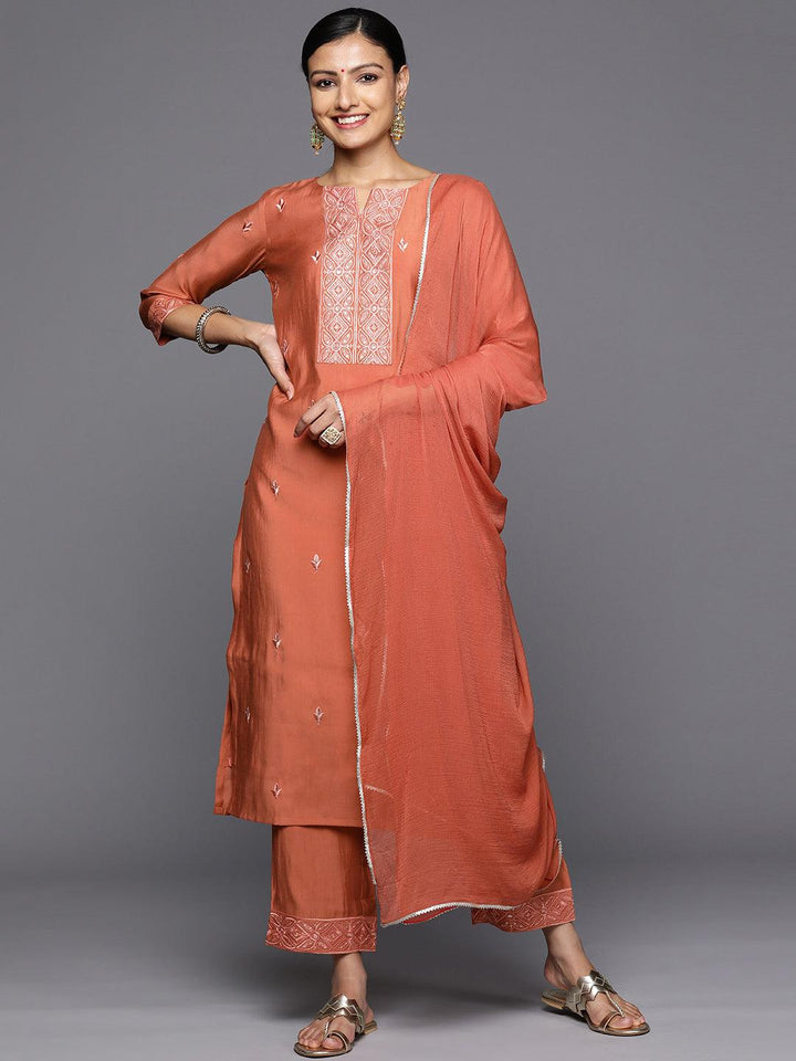 Rust Printed Silk Blend Straight Kurta With Trousers & Dupatta - Libas