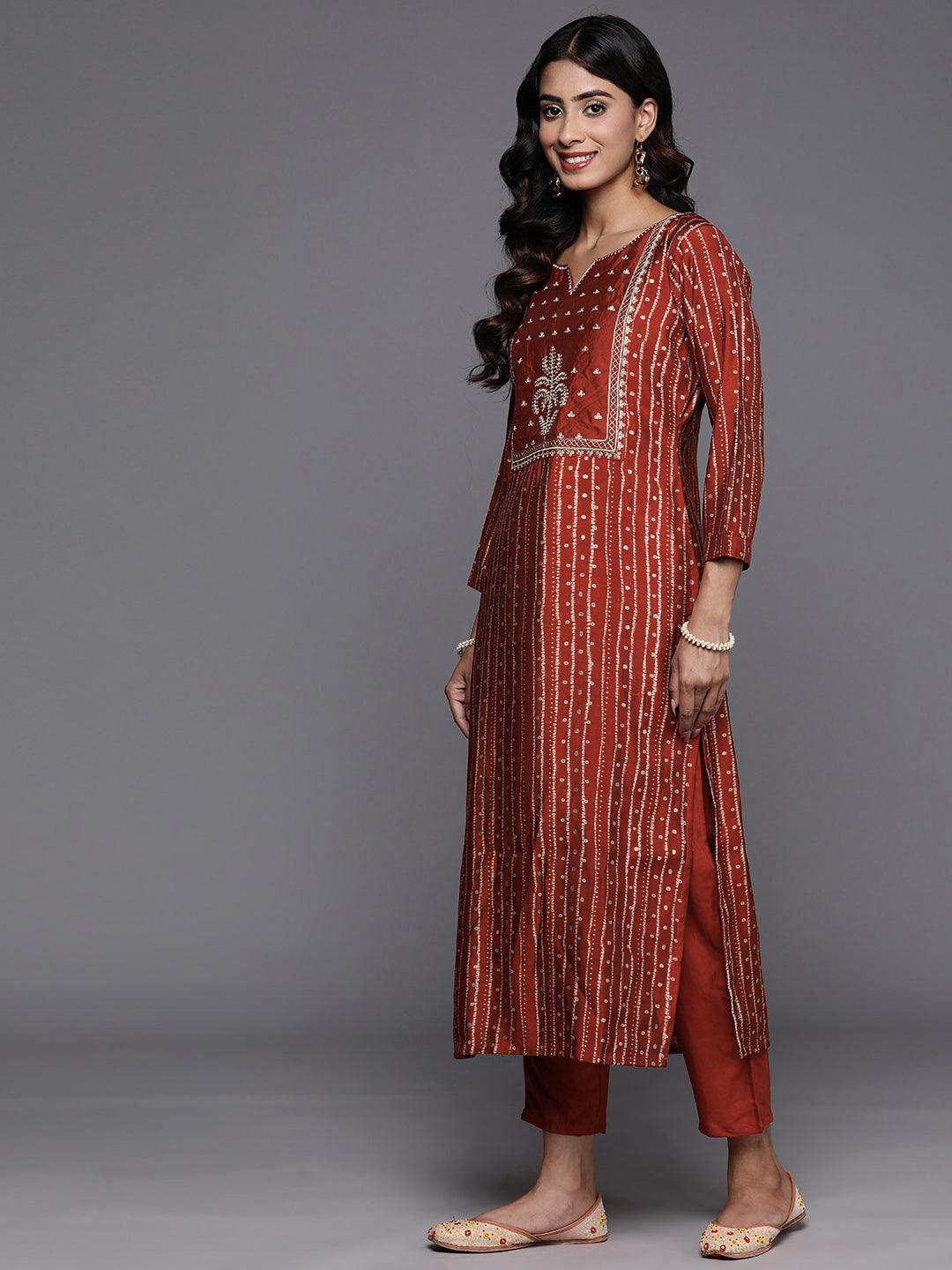 Rust Printed Silk Blend Straight Kurta With Trousers & Dupatta - Libas