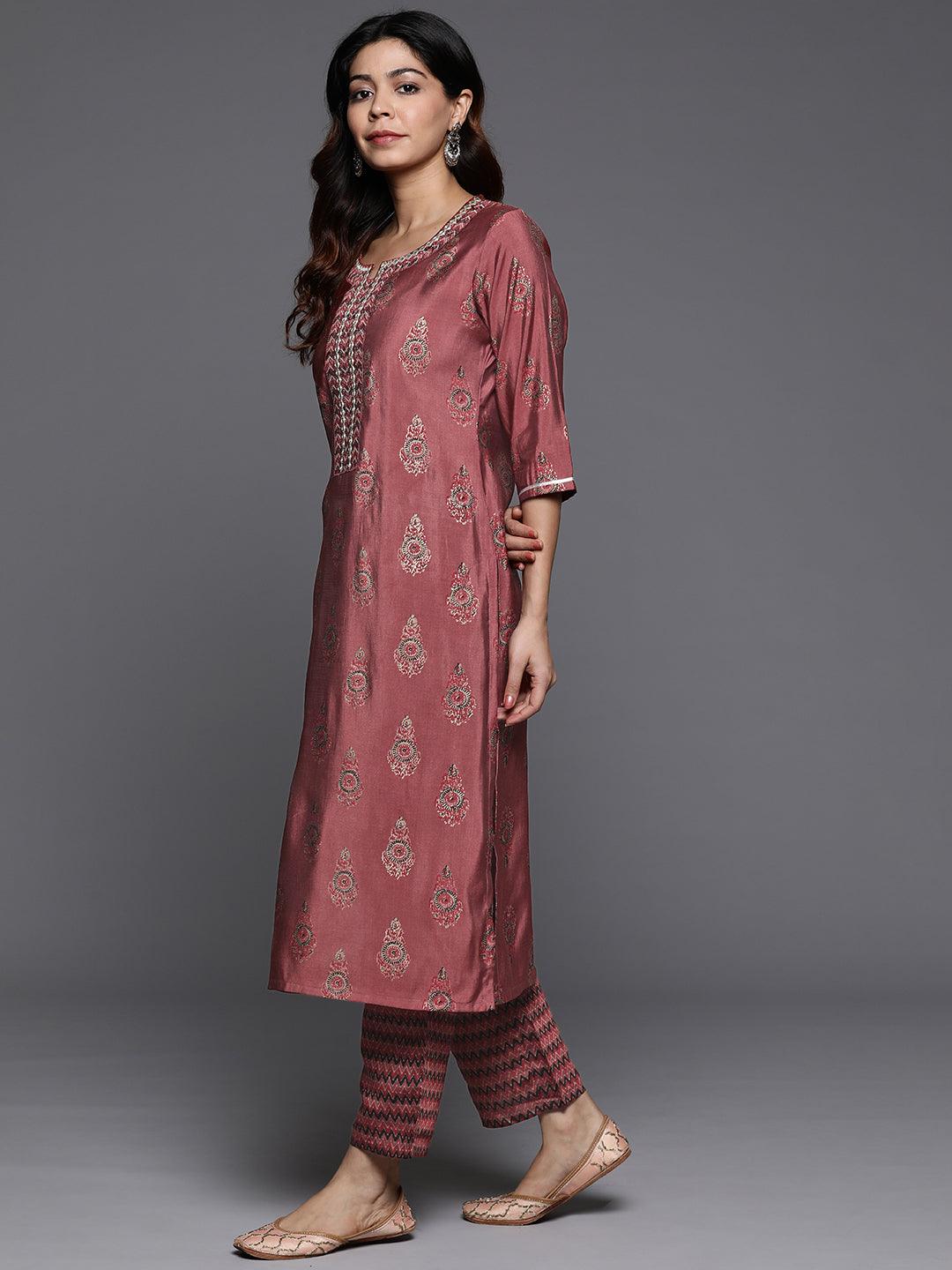 Rust Printed Silk Blend Straight Kurta With Trousers & Dupatta - Libas