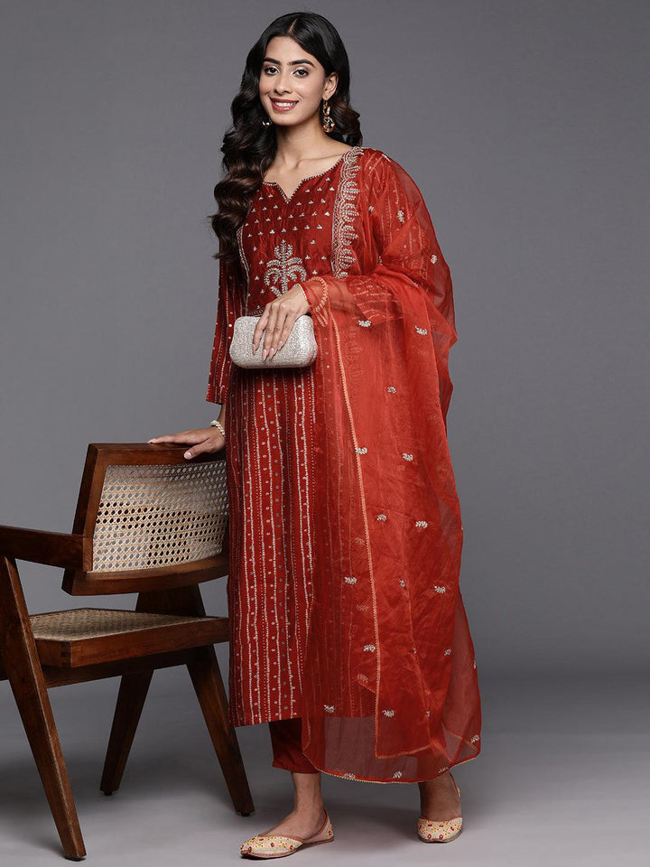 Rust Printed Silk Blend Straight Kurta With Trousers & Dupatta - Libas