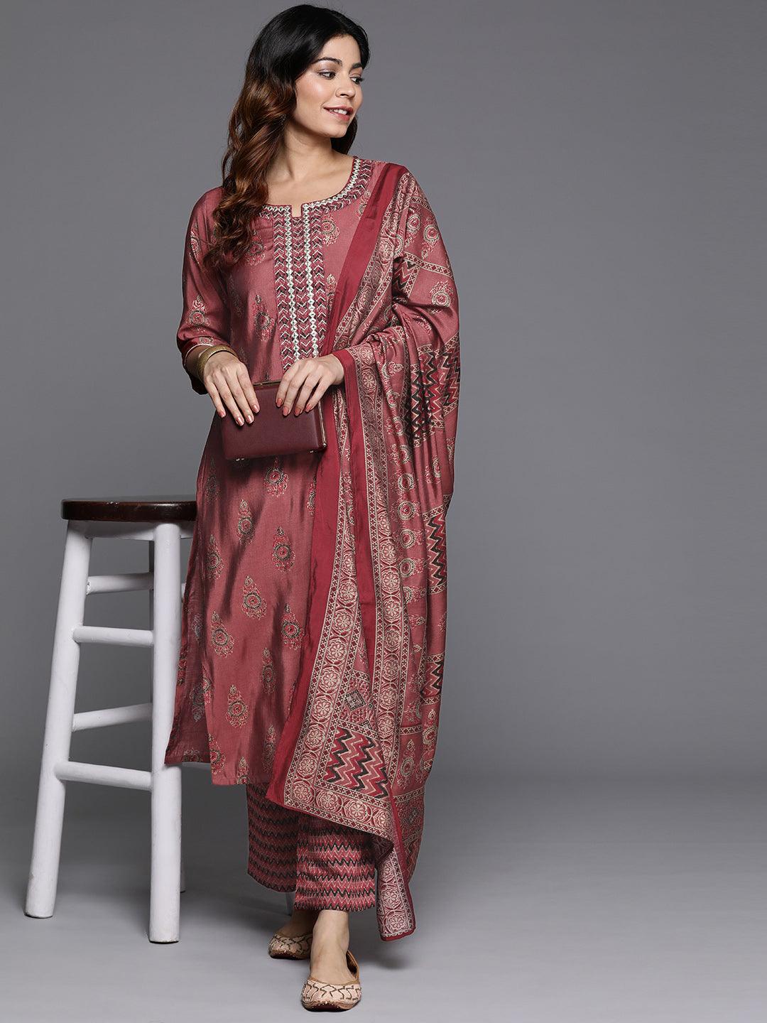 Rust Printed Silk Blend Straight Kurta With Trousers & Dupatta - Libas