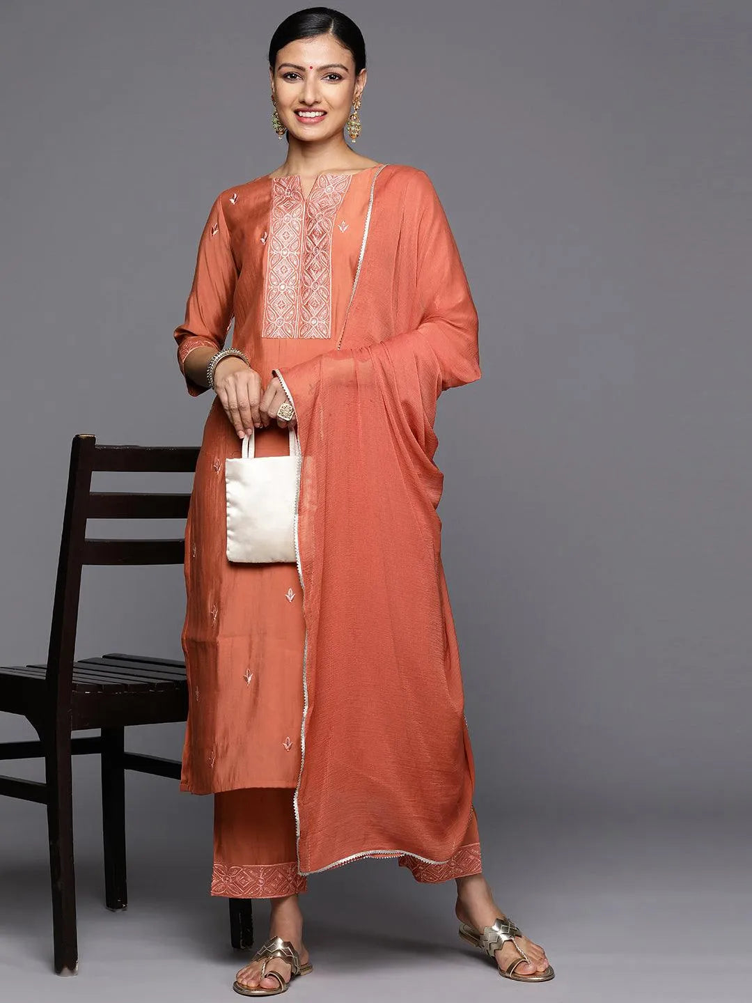 Rust Printed Silk Blend Straight Kurta With Trousers & Dupatta - Libas