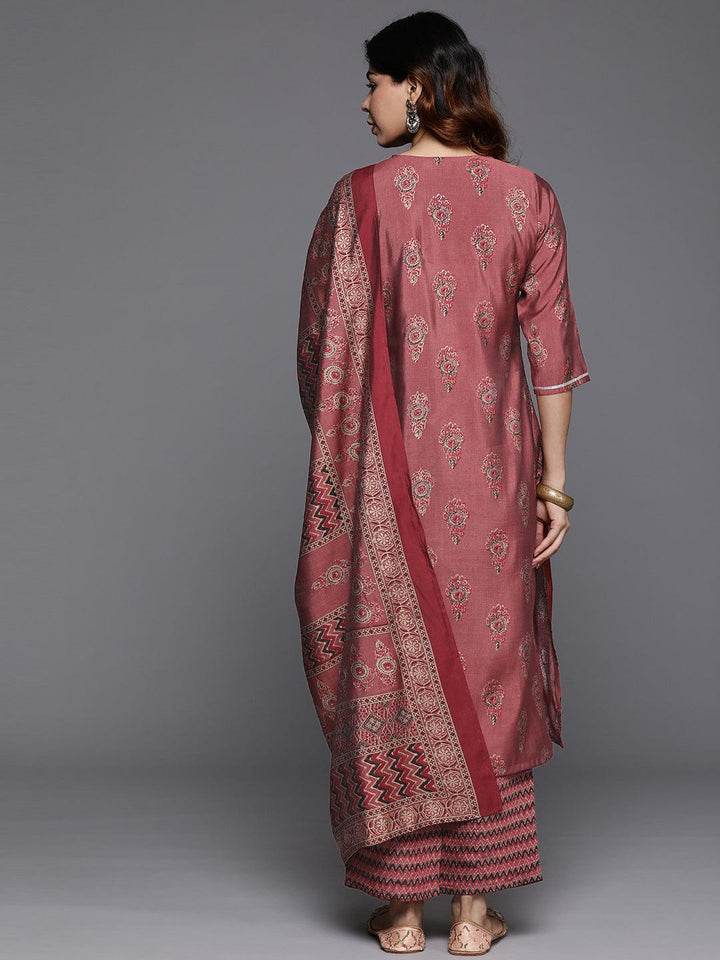 Rust Printed Silk Blend Straight Kurta With Trousers & Dupatta - Libas