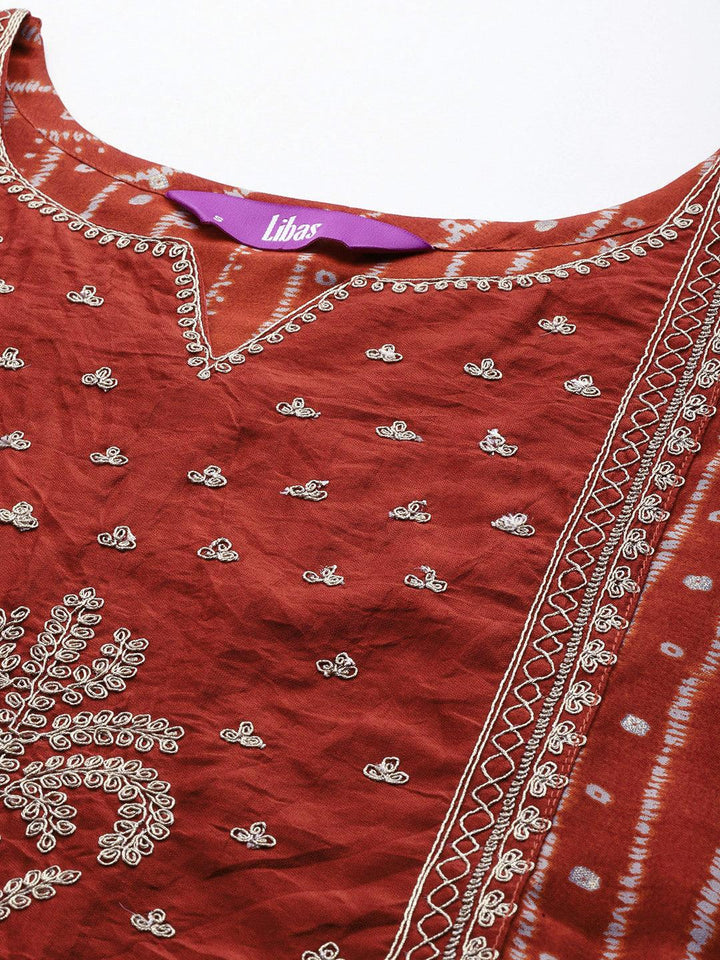 Rust Printed Silk Blend Straight Kurta With Trousers & Dupatta - Libas