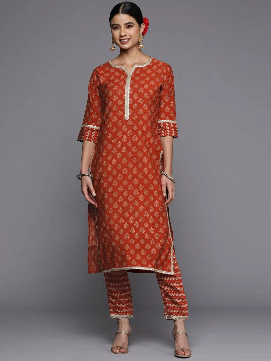 Rust Printed Silk Straight Kurta - Libas 