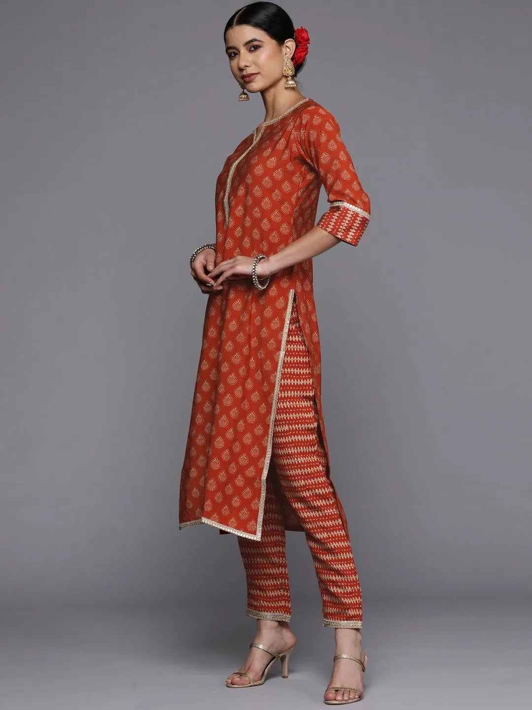 Rust Printed Silk Straight Kurta - Libas 