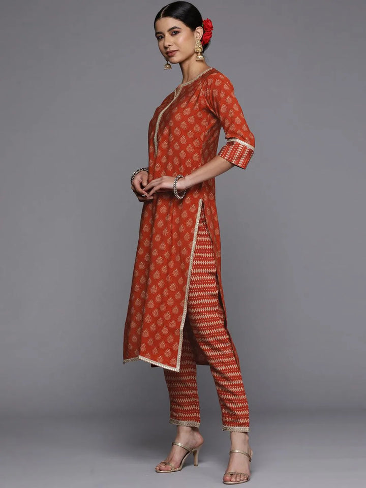 Rust Printed Silk Straight Kurta - Libas