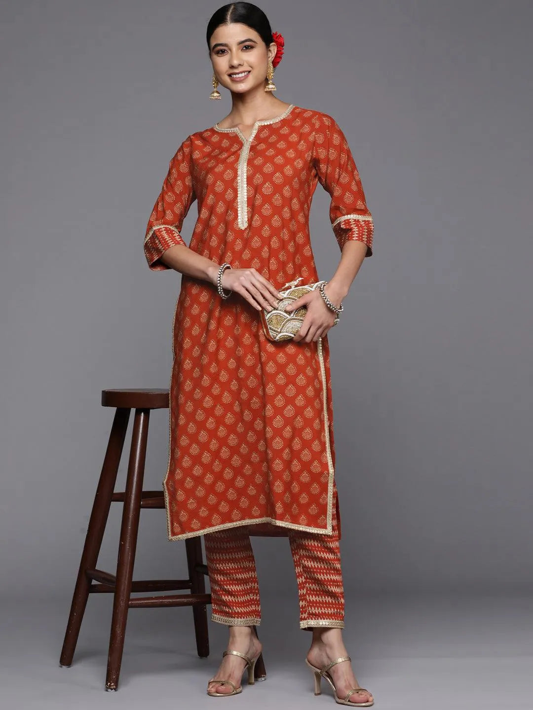 Rust Printed Silk Straight Kurta - Libas 