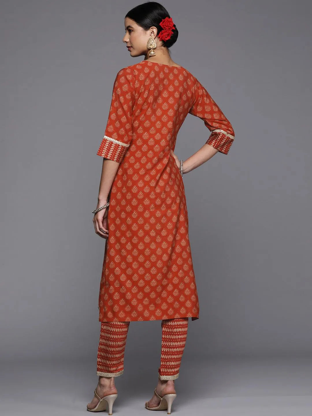 Rust Printed Silk Straight Kurta - Libas