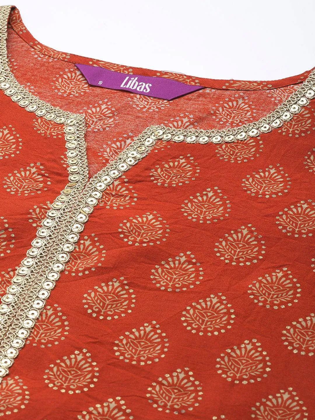 Rust Printed Silk Straight Kurta - Libas 