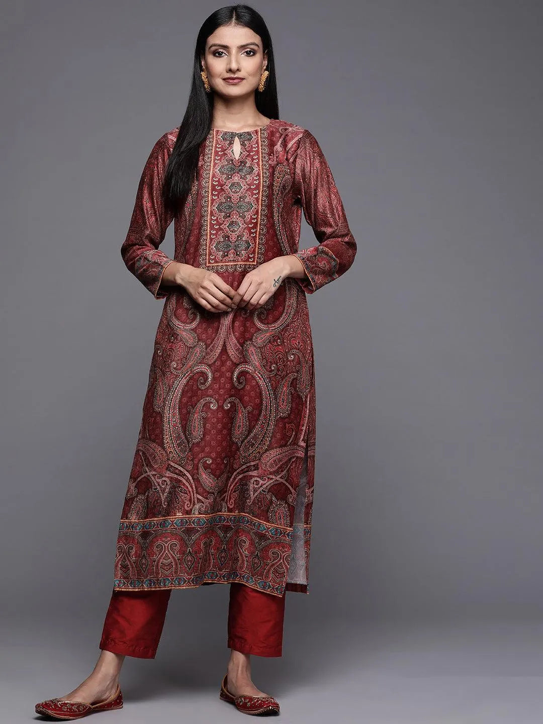 Rust Printed Velvet Straight Kurta - Libas 