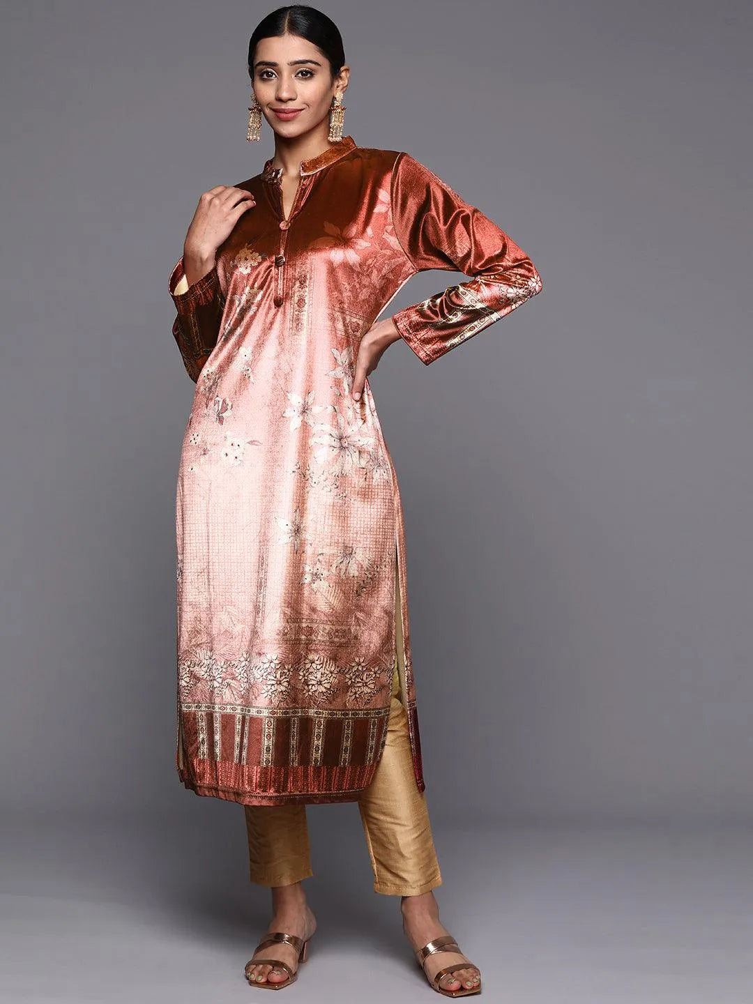 Rust Printed Velvet Straight Kurta - Libas 