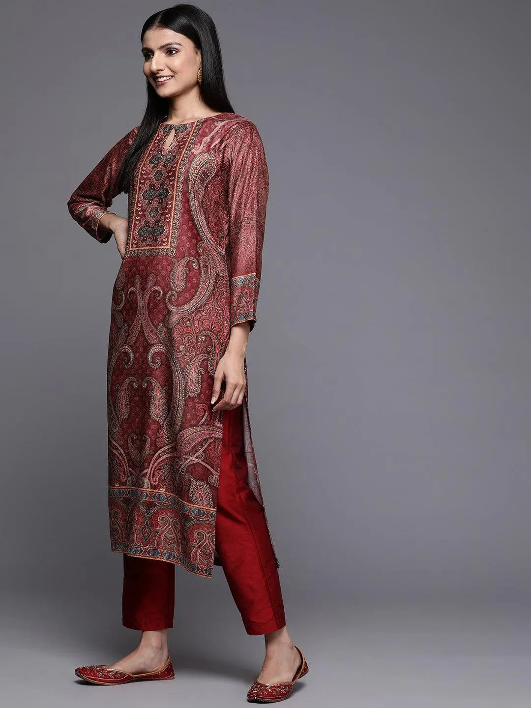 Rust Printed Velvet Straight Kurta - Libas 