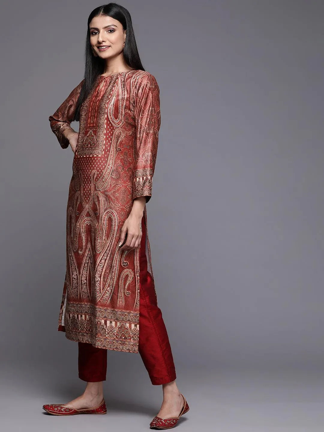 Rust Printed Velvet Straight Kurta - Libas 