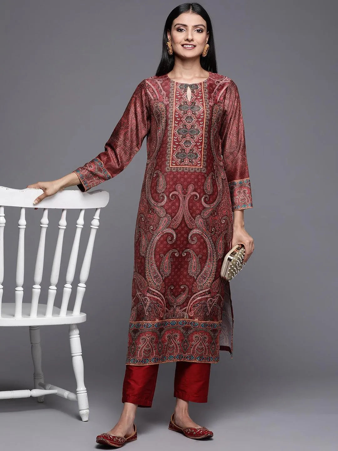 Rust Printed Velvet Straight Kurta - Libas 