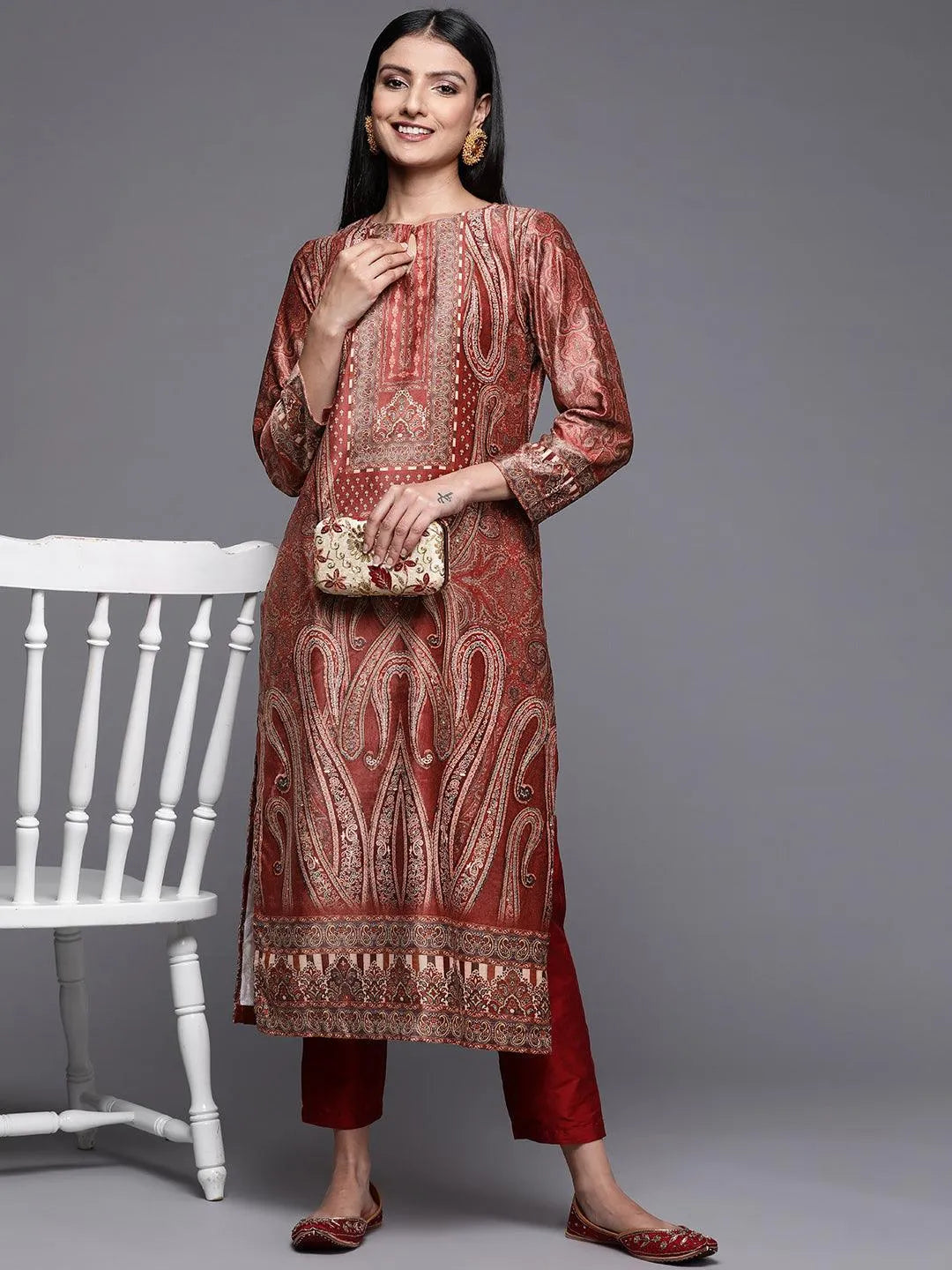 Rust Printed Velvet Straight Kurta - Libas 