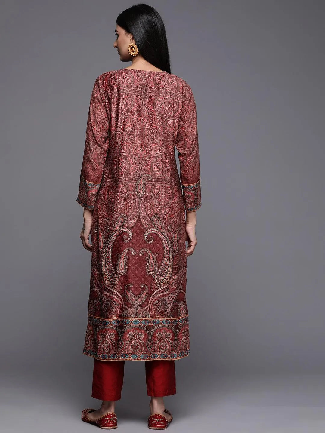 Rust Printed Velvet Straight Kurta - Libas 