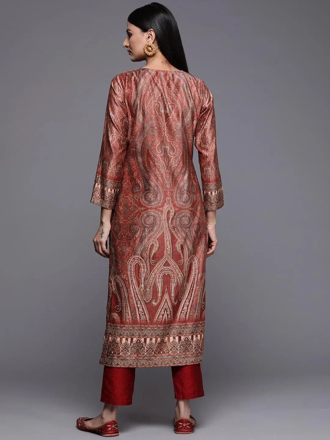 Rust Printed Velvet Straight Kurta - Libas 