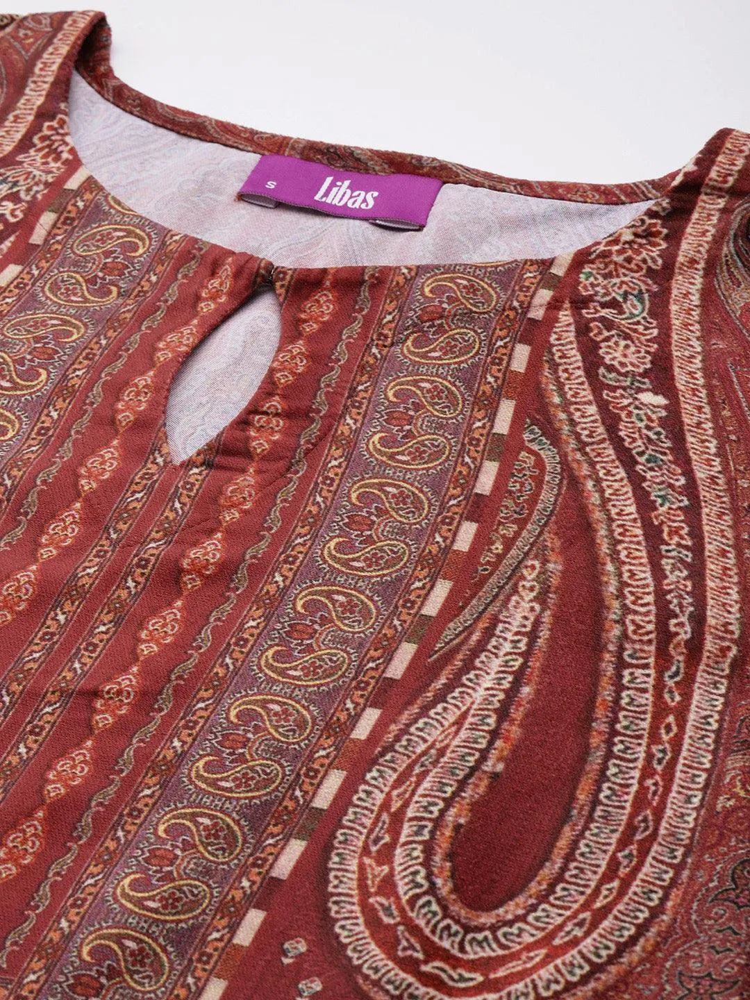 Rust Printed Velvet Straight Kurta - Libas 