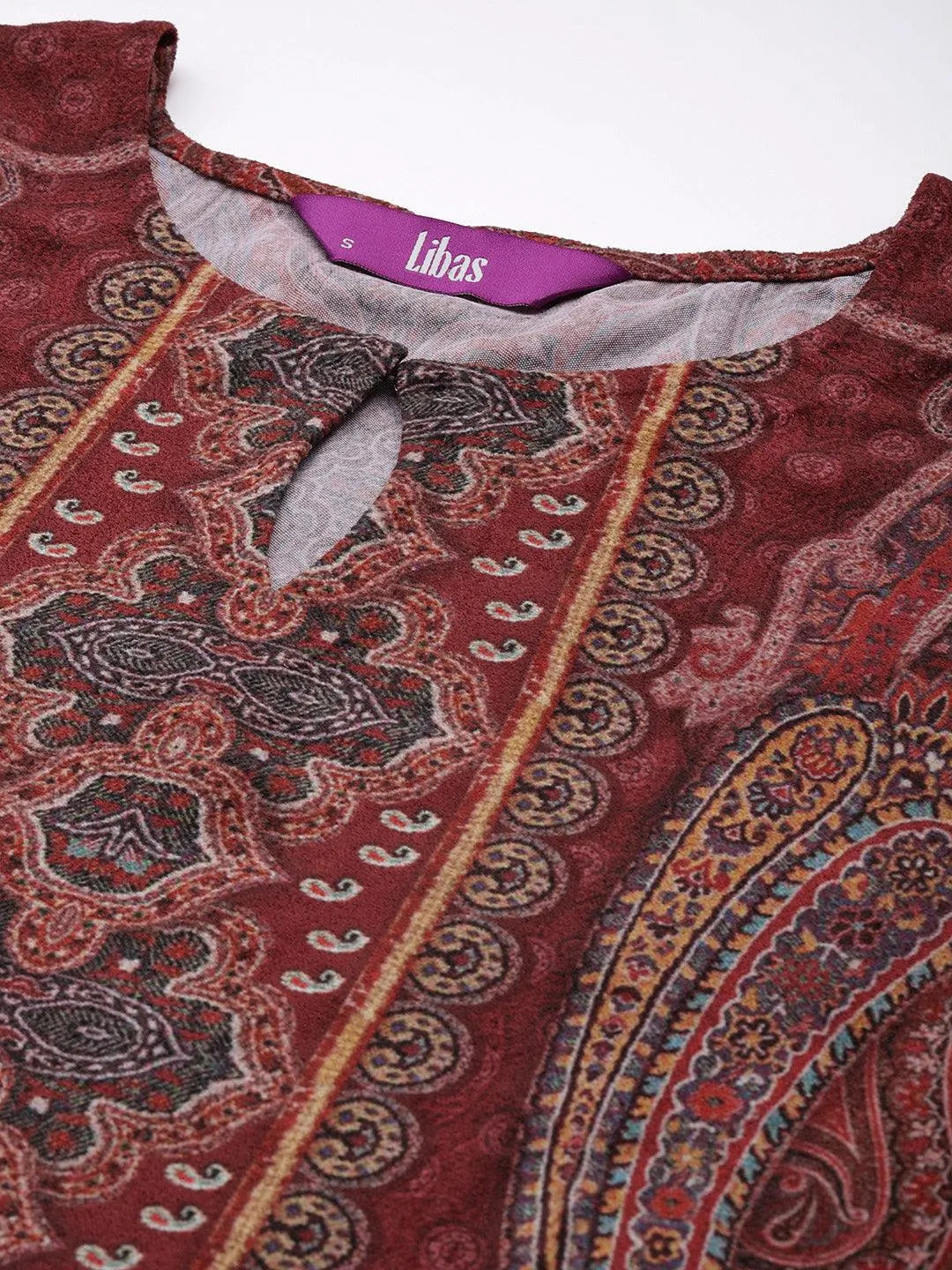 Rust Printed Velvet Straight Kurta - Libas 