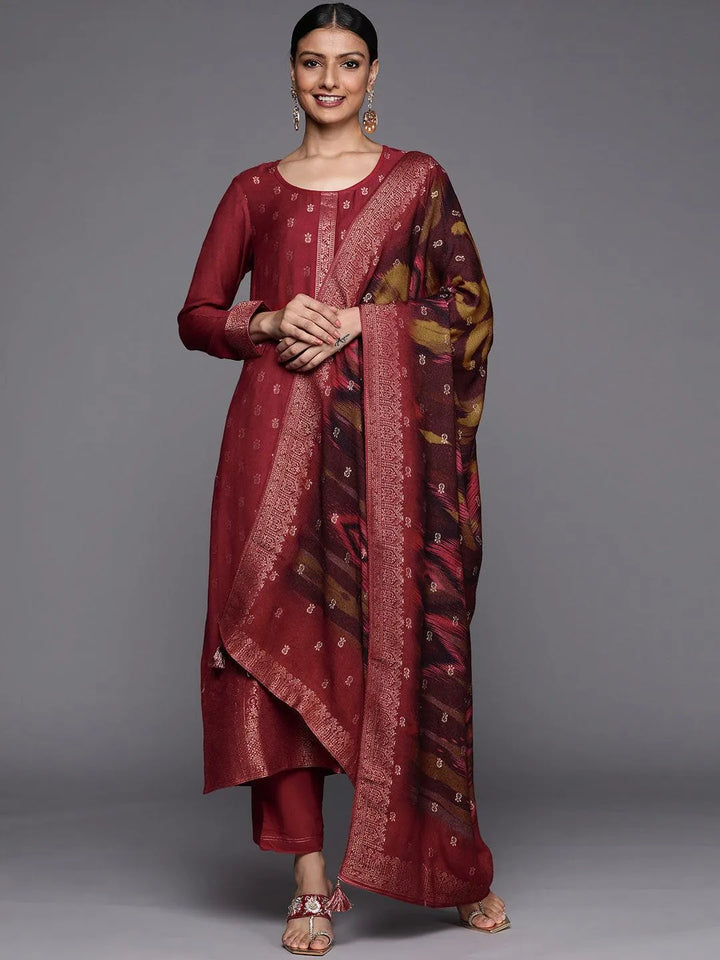 Rust Self Design Pashmina Wool Straight Suit Set - Libas