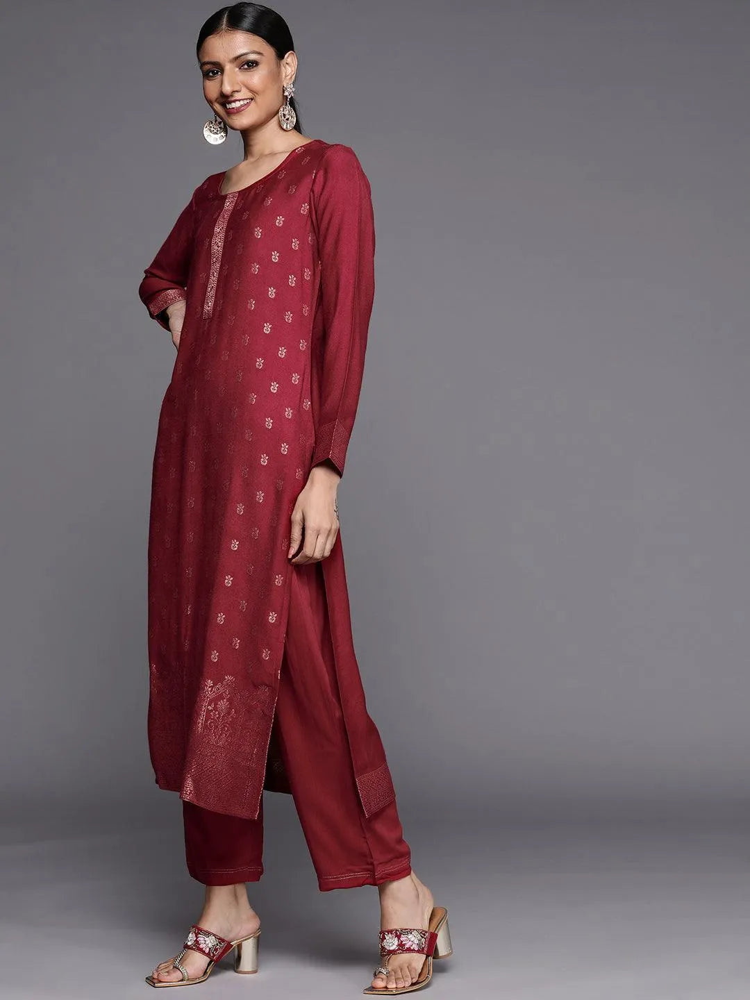 Rust Self Design Pashmina Wool Straight Suit Set - Libas