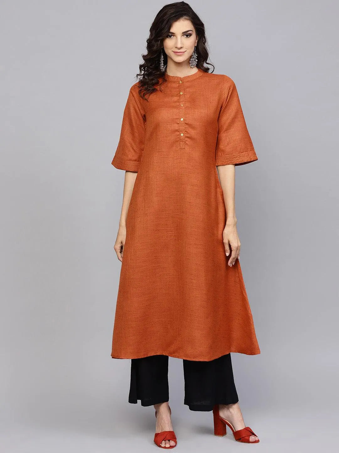 Rust Solid Cotton Kurta - Libas