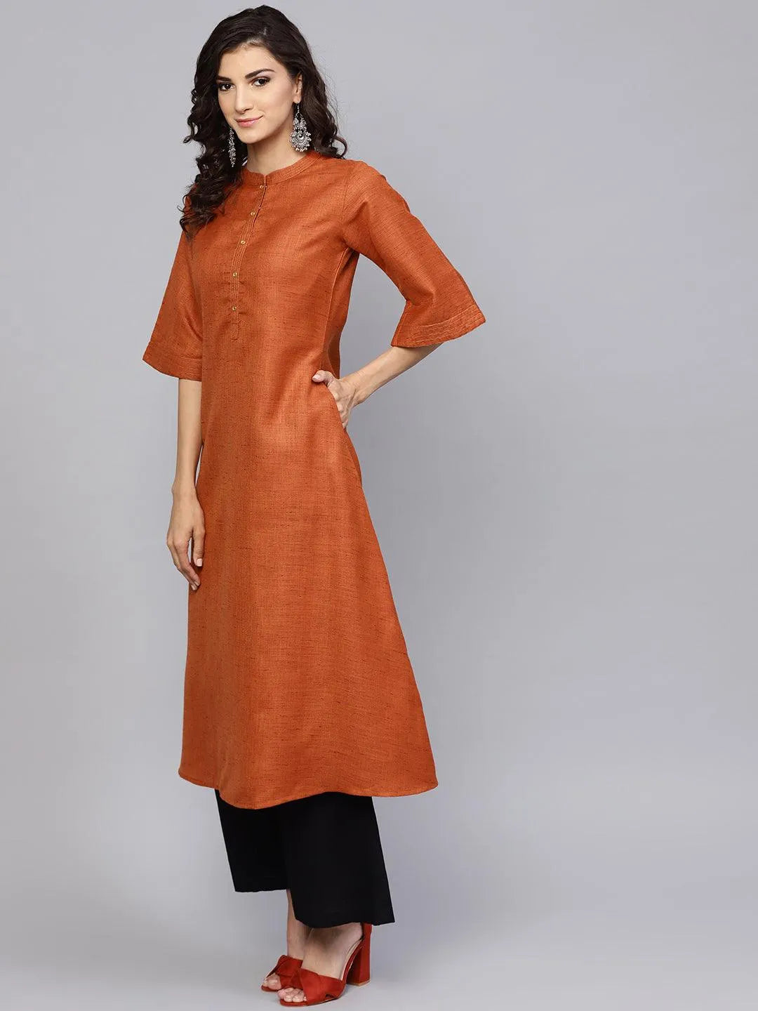 Rust Solid Cotton Kurta - Libas