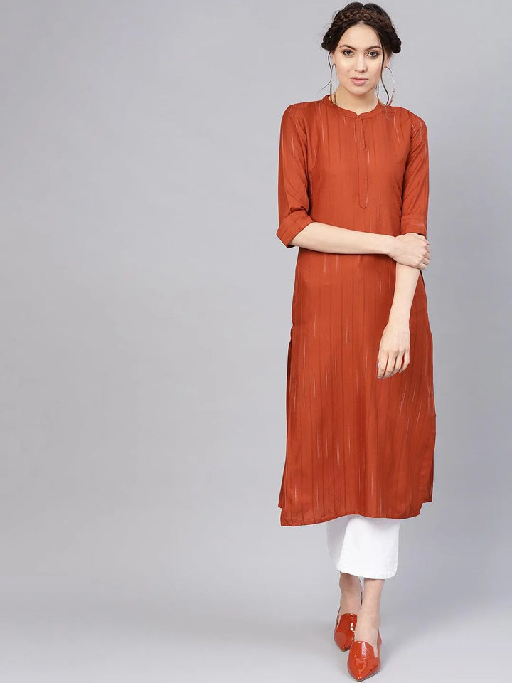 Rust Striped Rayon Kurta - Libas