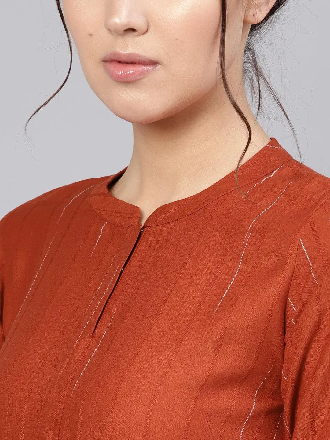 Rust Striped Rayon Kurta - Libas