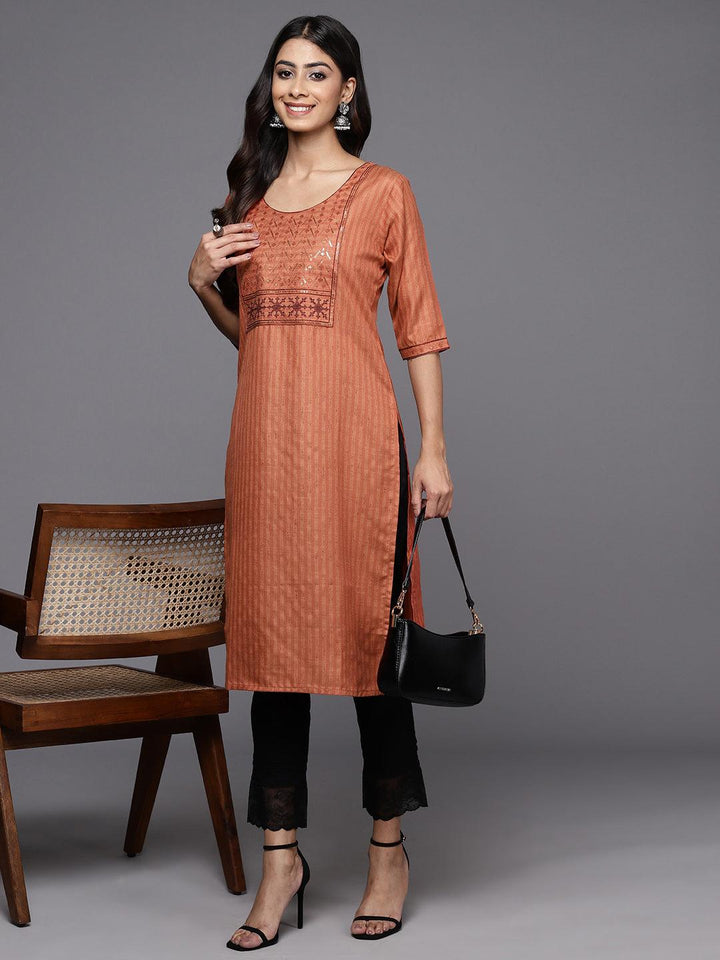 Rust Yoke Design Cotton Straight Kurta - Libas