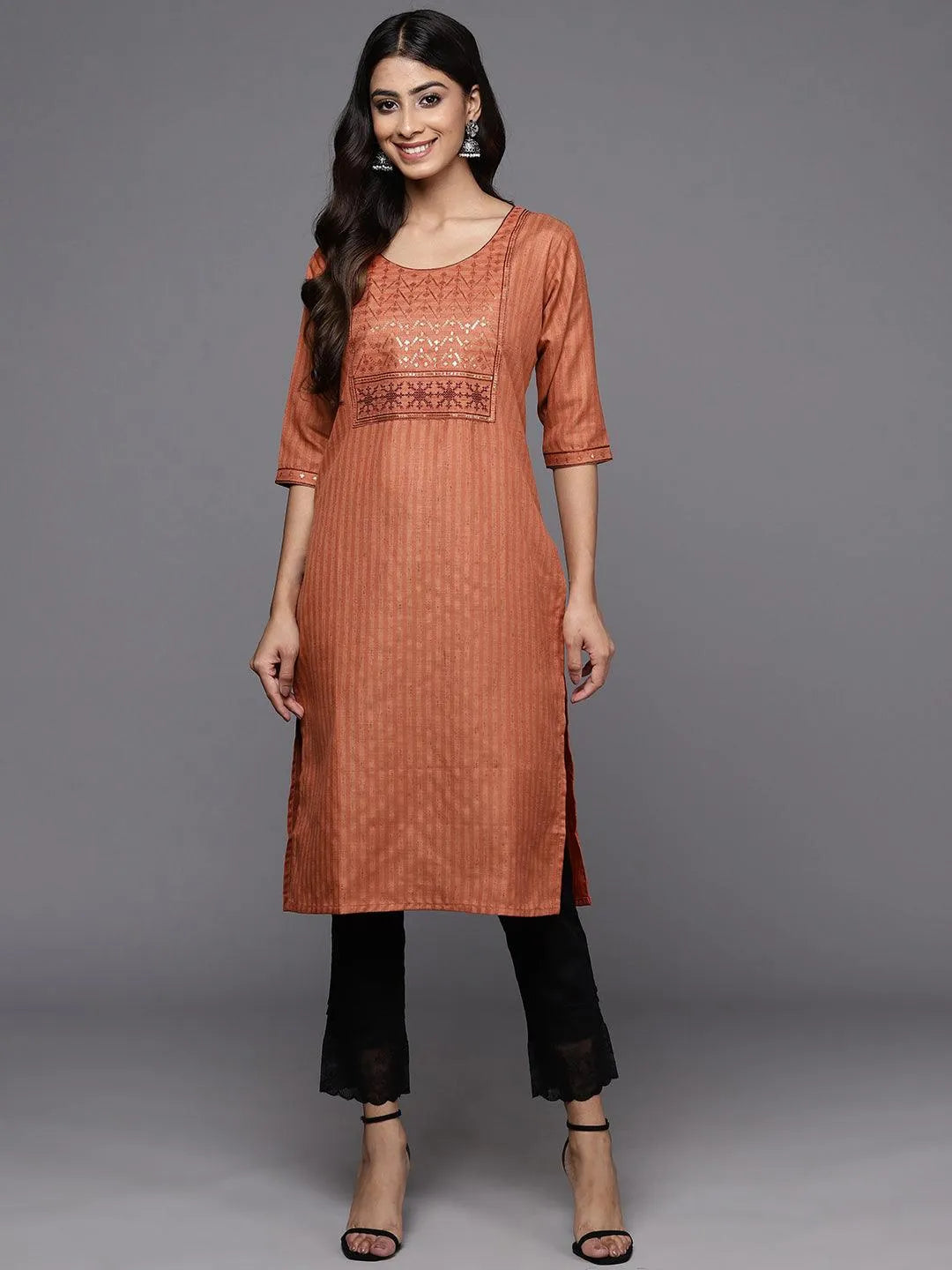 Rust Yoke Design Cotton Straight Kurta - Libas