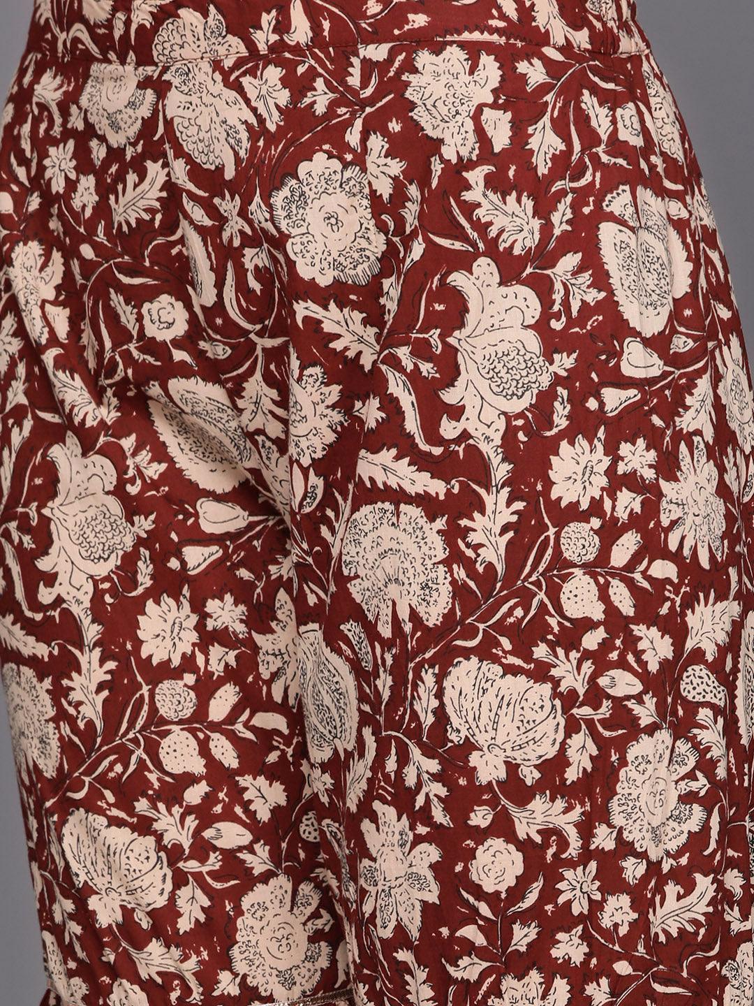 Rust Yoke Design Cotton Straight Sharara Suit Set With Dupatta