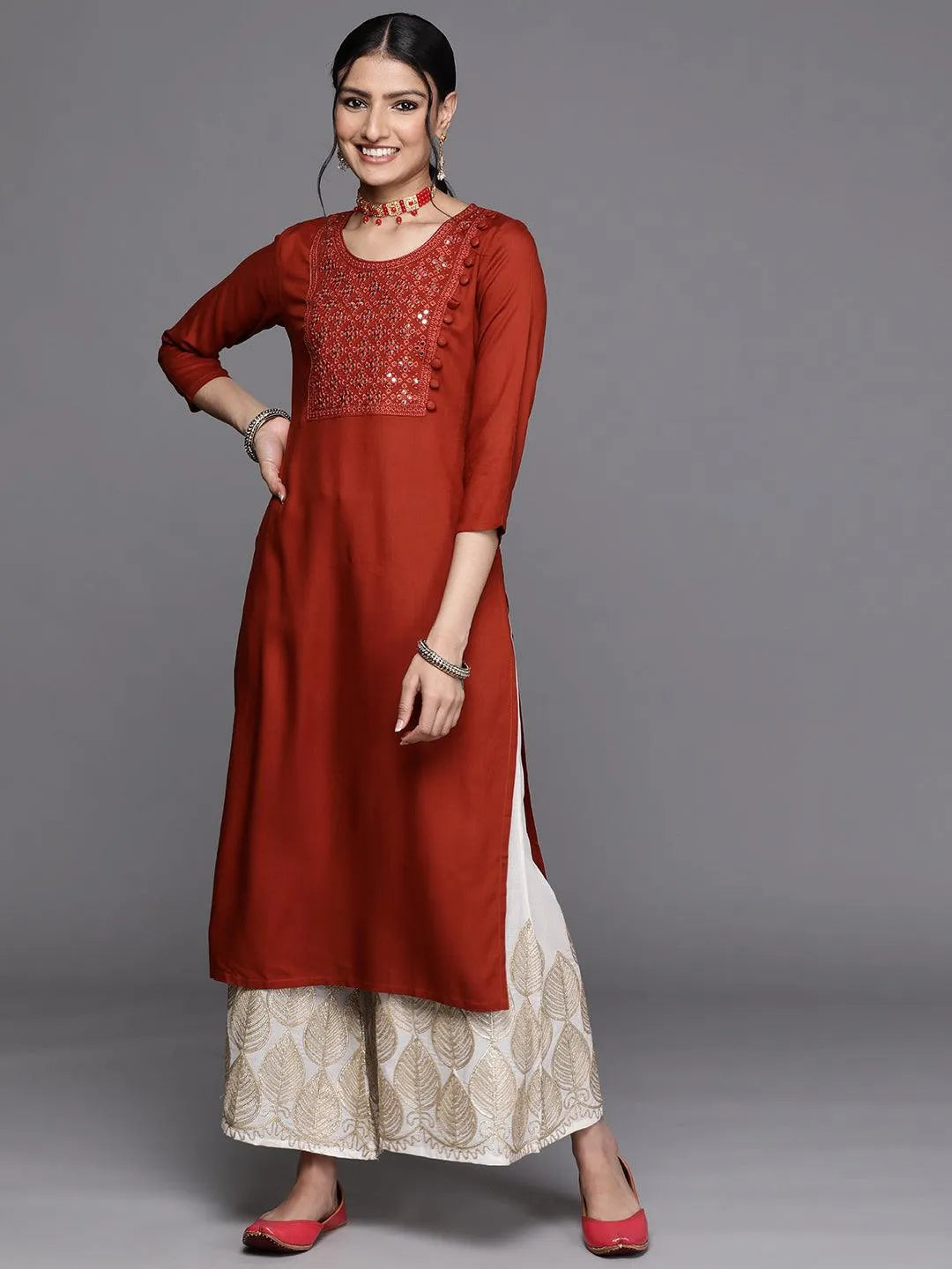 Rust Yoke Design Rayon Kurta - Libas 