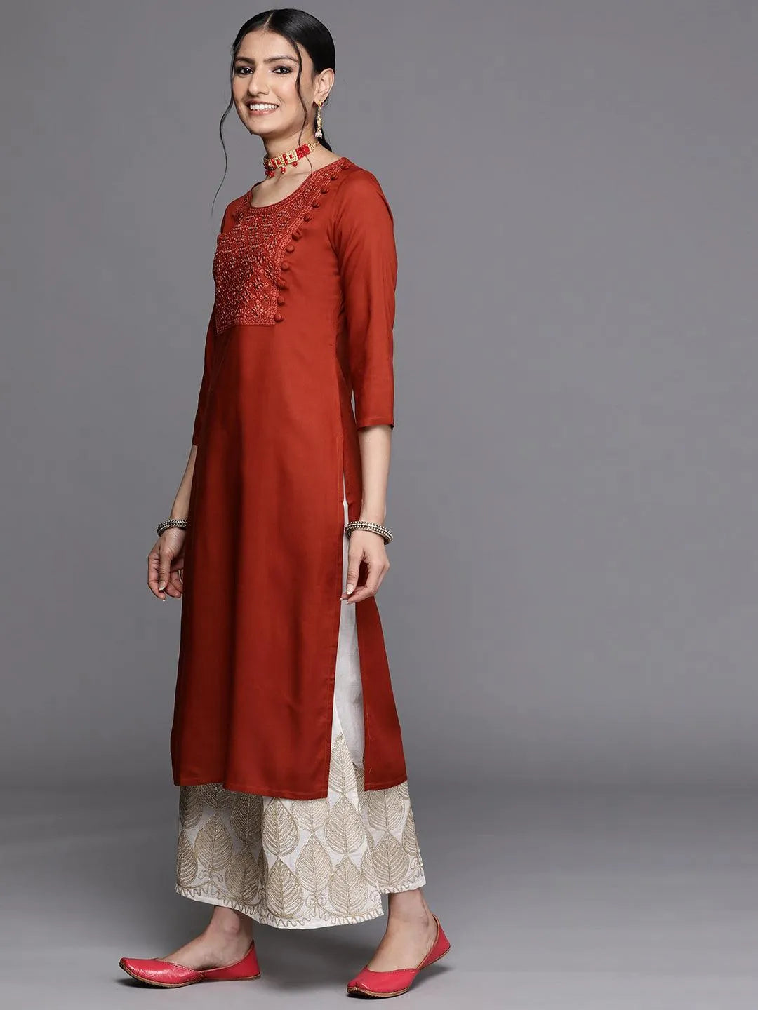 Rust Yoke Design Rayon Kurta - Libas 