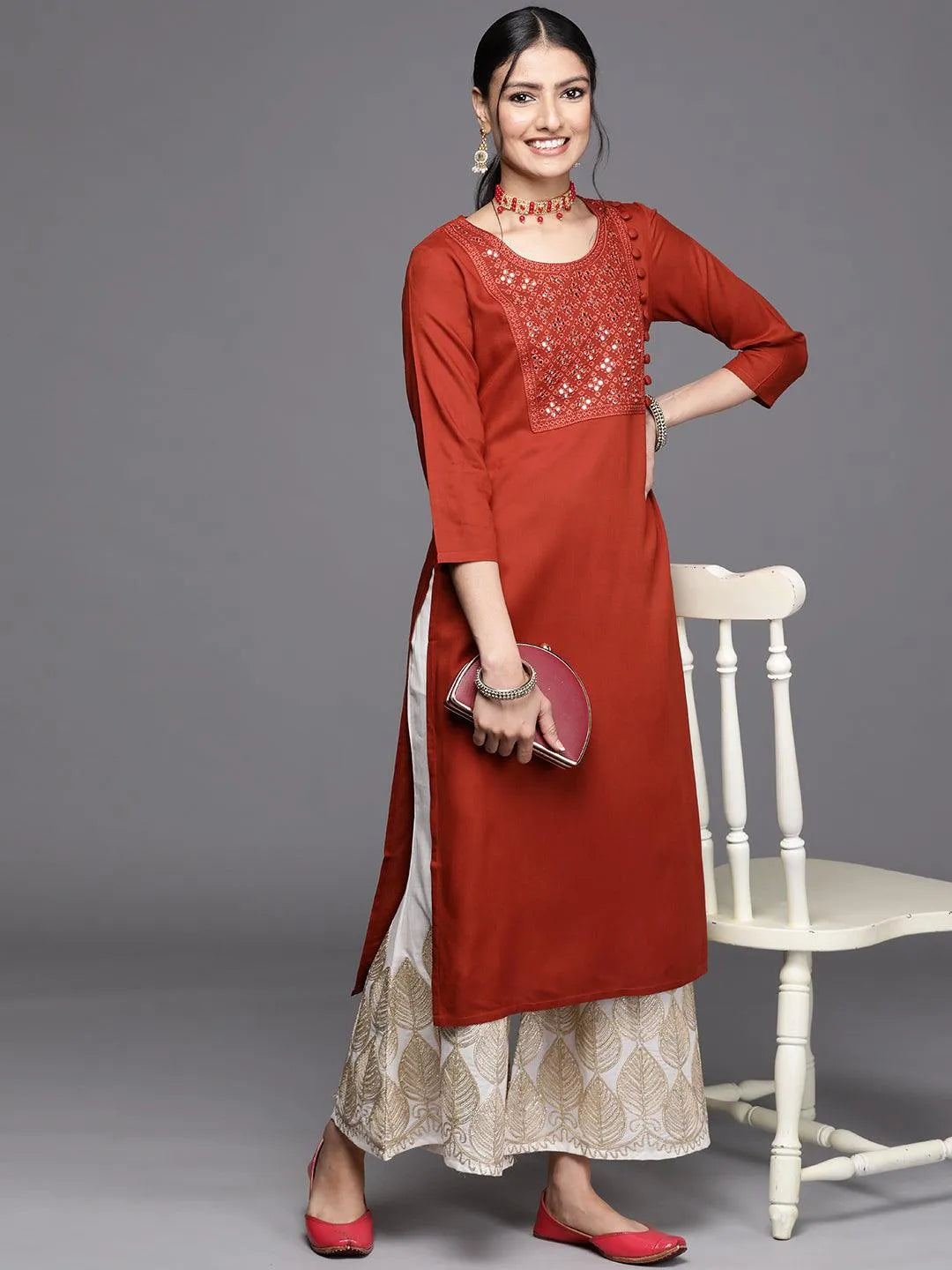 Rust Yoke Design Rayon Kurta - Libas 