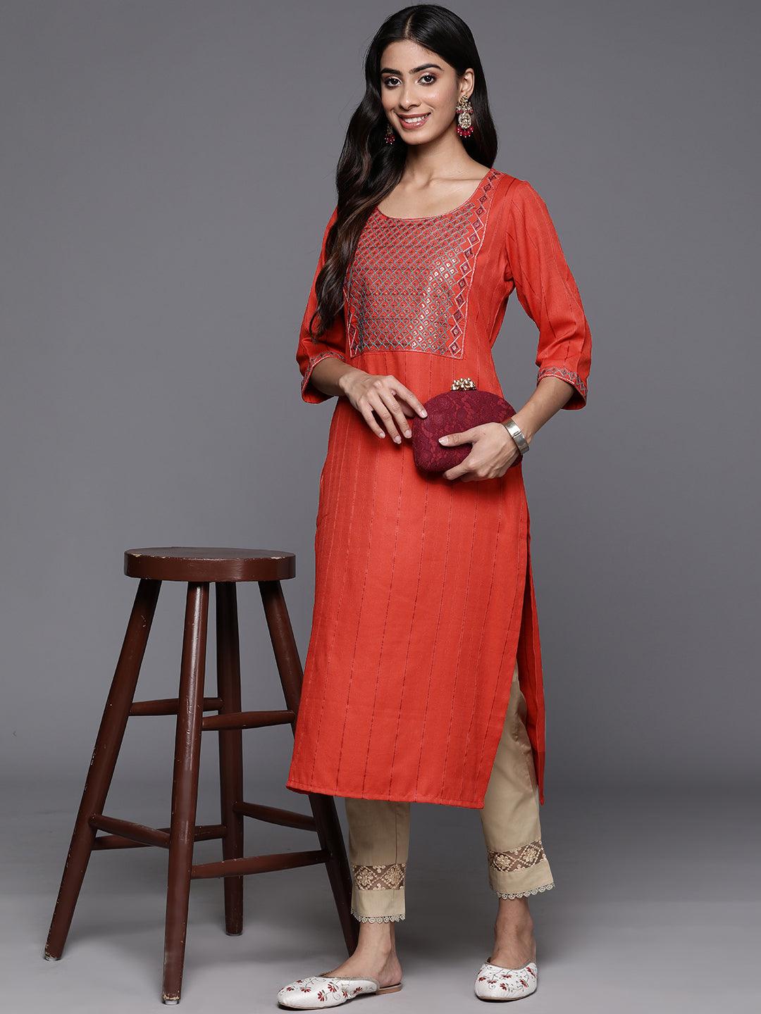 Rust Yoke Design Rayon Straight Kurta - Libas