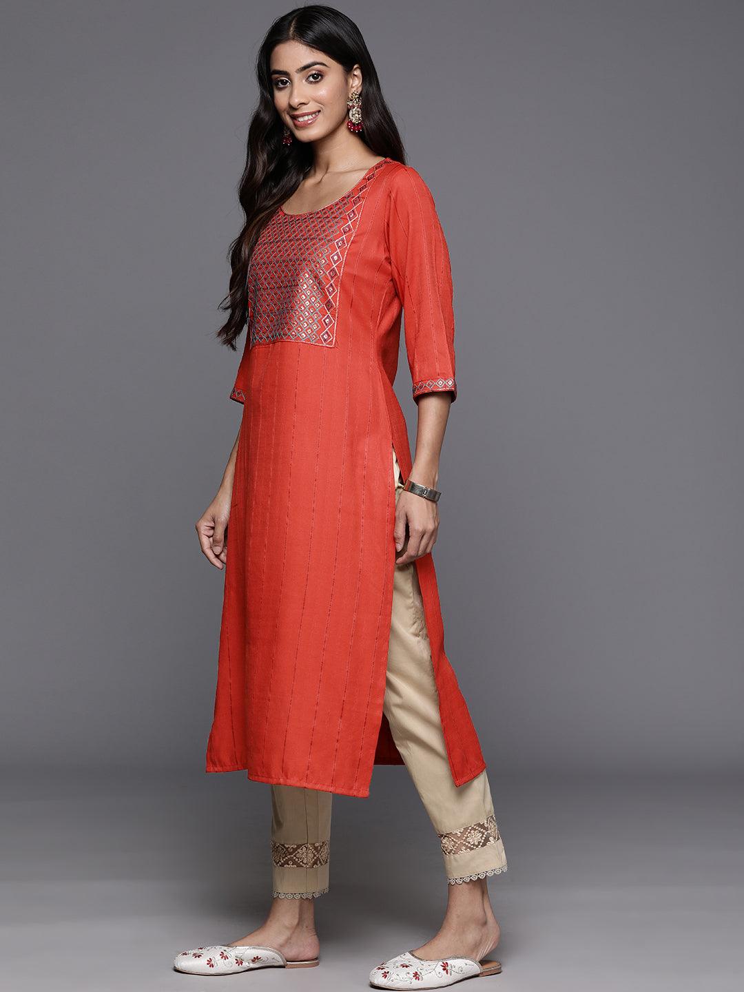 Rust Yoke Design Rayon Straight Kurta - Libas