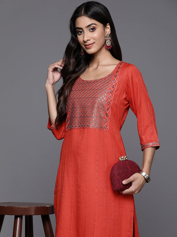 Rust Yoke Design Rayon Straight Kurta - Libas